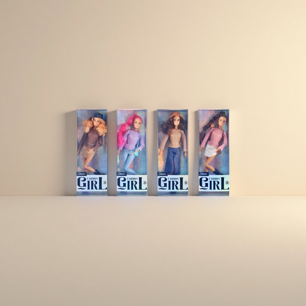The main body of the fashionable doll: Four fashionable girl dolls in packaging boxes, each dressed in different styles of clothing, including sweaters, skirts, trousers and hats, with a background of belts Specification image
