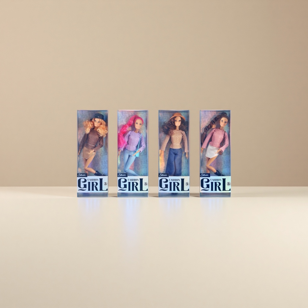 The main body of the fashionable doll: Four fashionable girl dolls in packaging boxes, each dressed in different styles of clothing, including sweaters, skirts, trousers and hats, with a background of belts