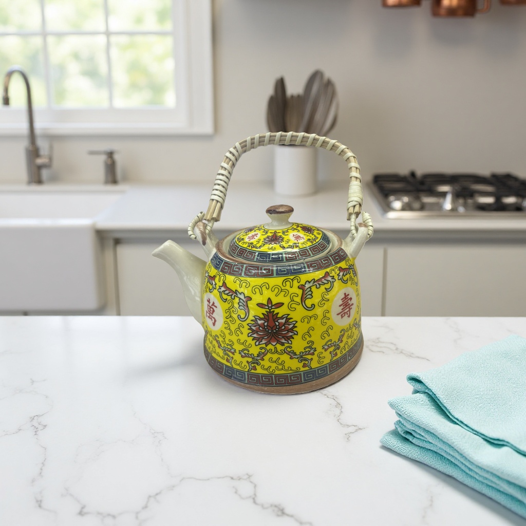 Yellow patterned ceramic teapot, household brewing teapot and tea set accessories details Picture