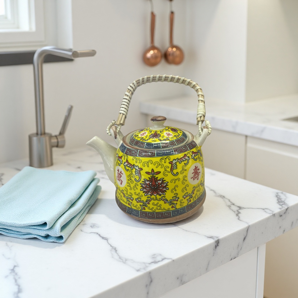 Yellow patterned ceramic teapot, household brewing teapot and tea set accessories Application Scenario