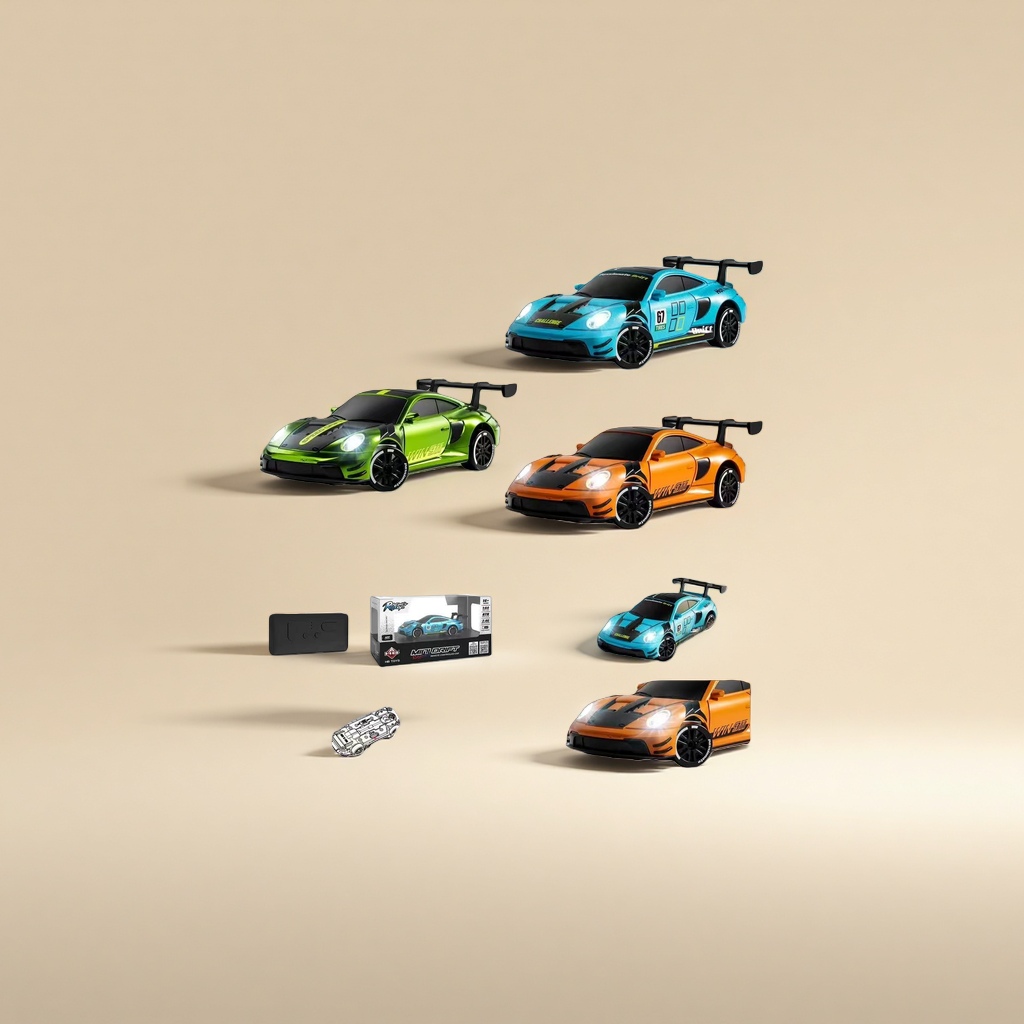 Three 1:64 remote-controlled drifting racing car toys in blue, green and orange, with APP control, lights and wireless charging details Picture
