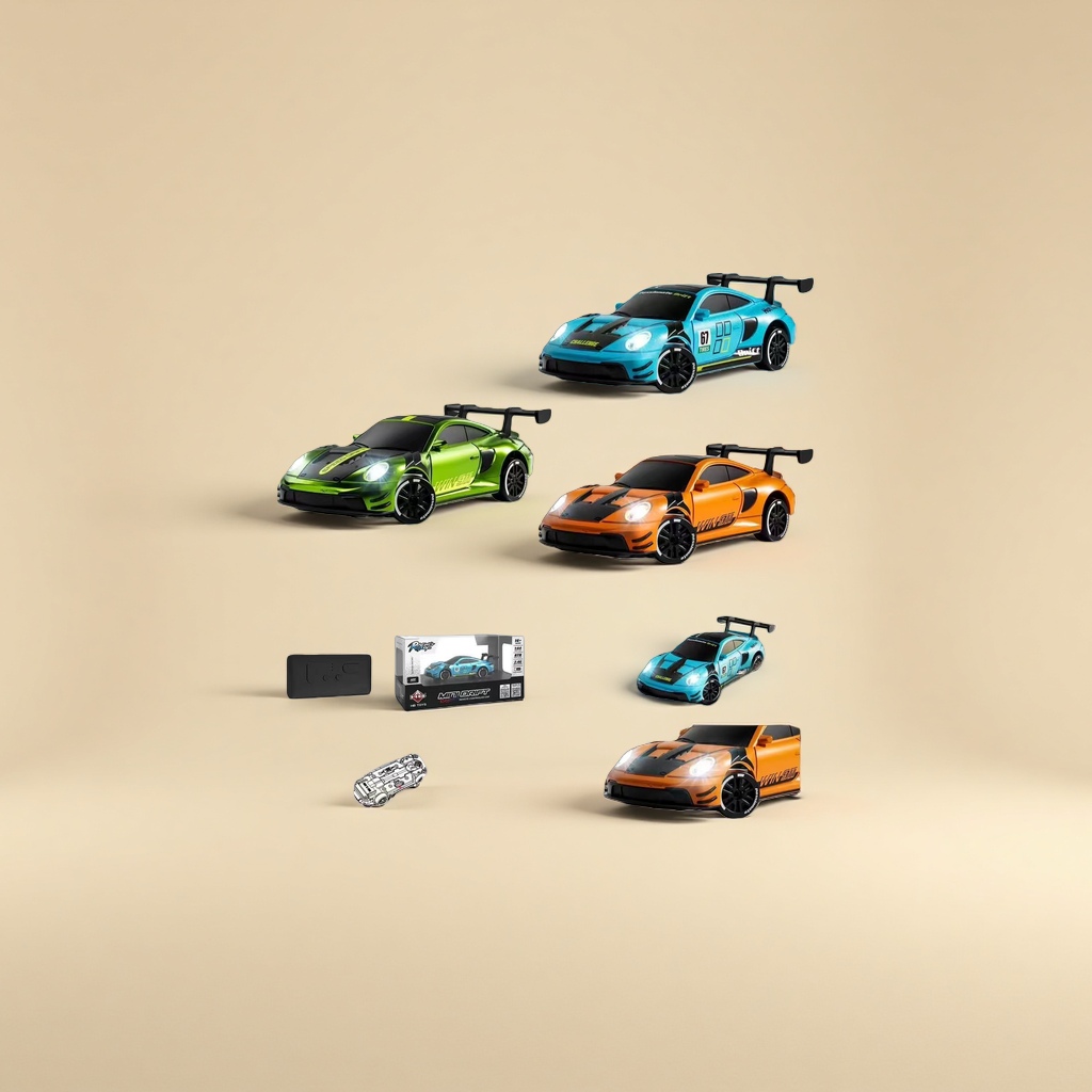 Three 1:64 remote-controlled drifting racing car toys in blue, green and orange, with APP control, lights and wireless charging Application Scenario