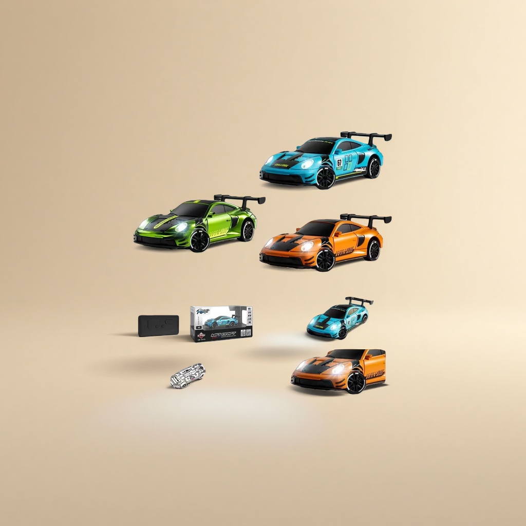 Three 1:64 remote-controlled drifting racing car toys in blue, green and orange, with APP control, lights and wireless charging Specification image