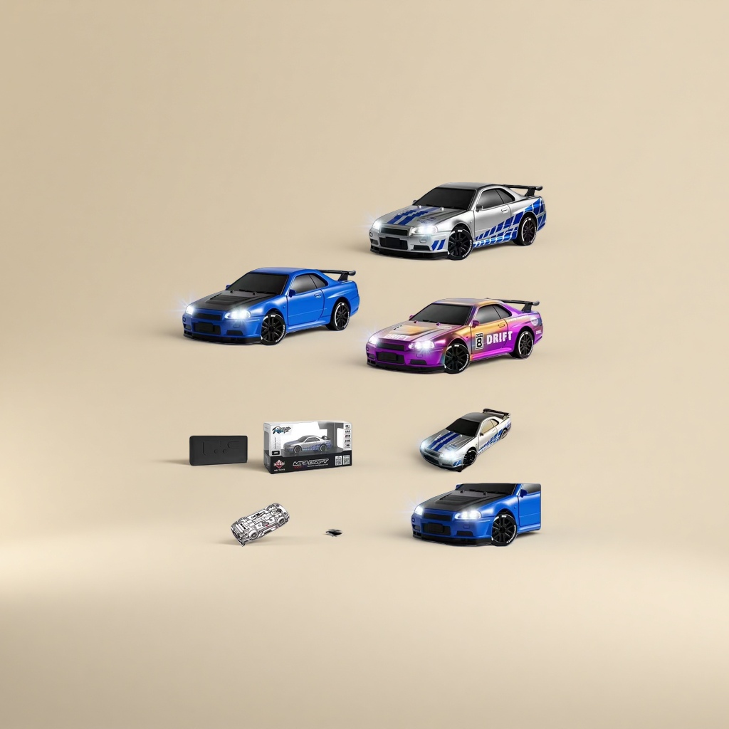 Three 1:64 remote control drift racing car toys in silver, blue, purple and orange gradient colors, APP control lights, wireless remote control charging case Application Scenario