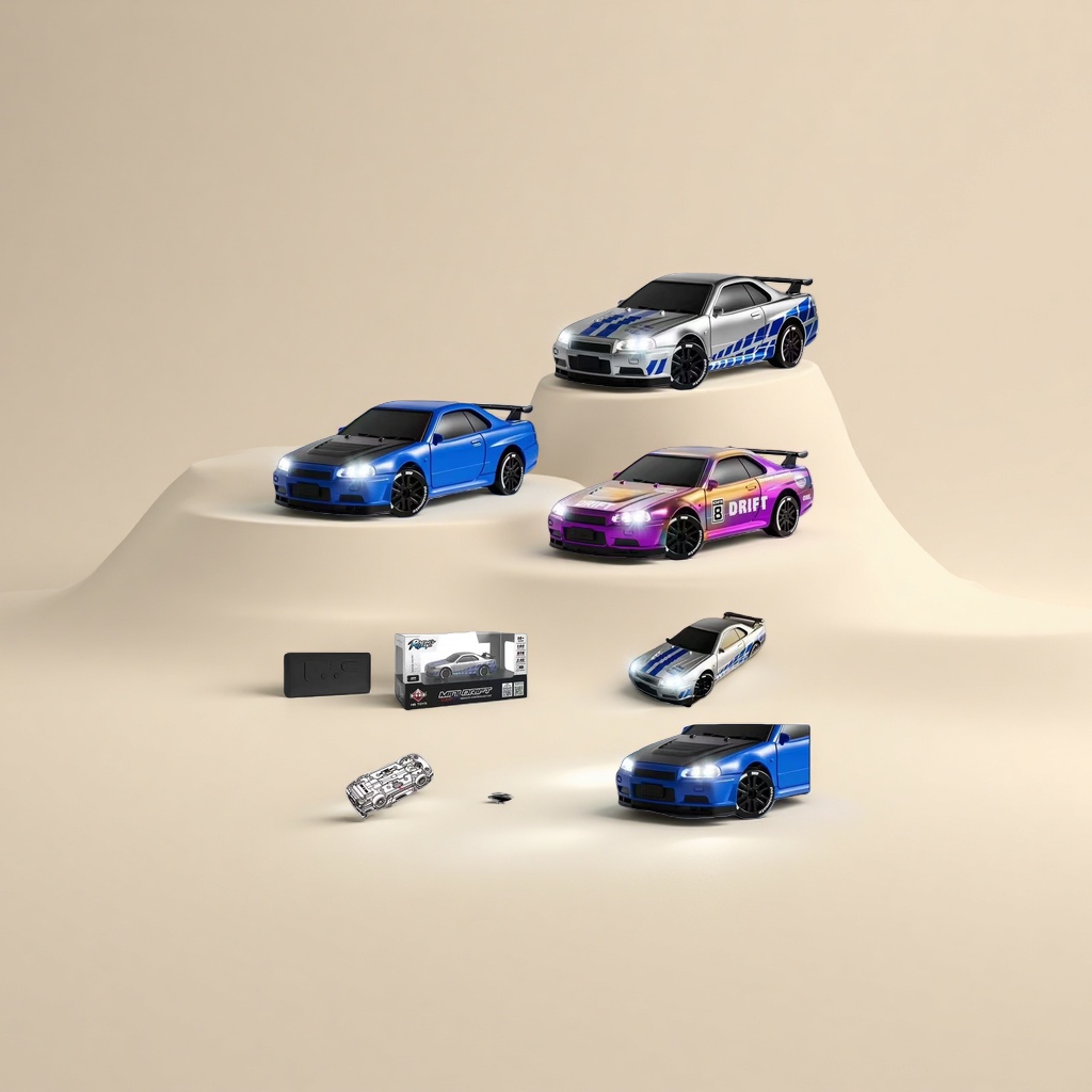 Three 1:64 remote control drift racing car toys in silver, blue, purple and orange gradient colors, APP control lights, wireless remote control charging case details Picture
