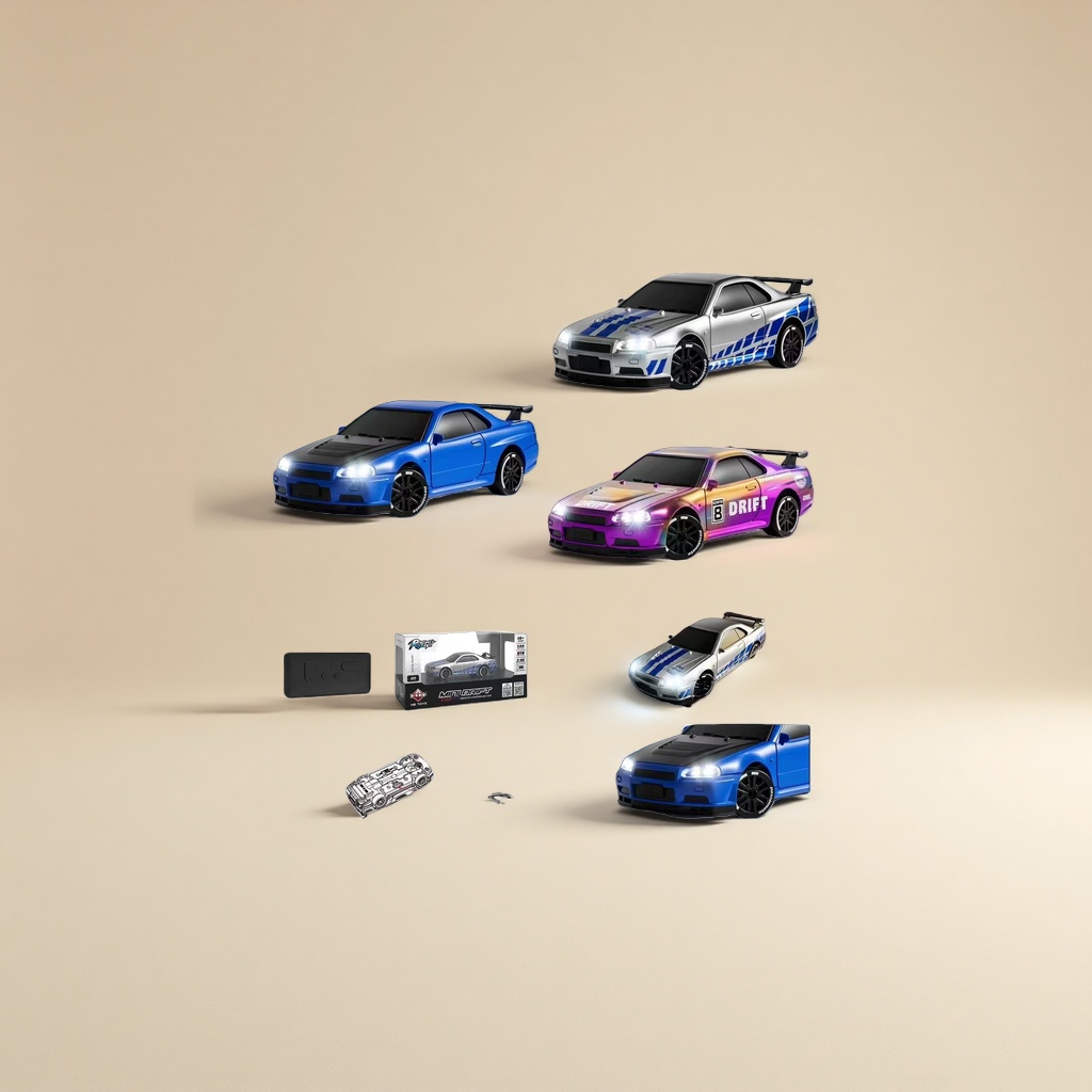 Three 1:64 remote control drift racing car toys in silver, blue, purple and orange gradient colors, APP control lights, wireless remote control charging case