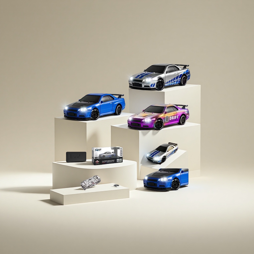 Three 1:64 remote control drift racing car toys in silver, blue, purple and orange gradient colors, APP control lights, wireless remote control charging case Specification image