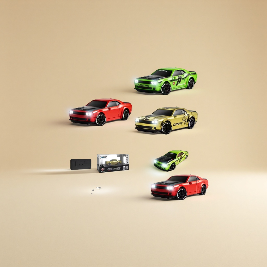 Green, red and gold remote-controlled racing car model with lights, wireless remote control and charging interface packaging box