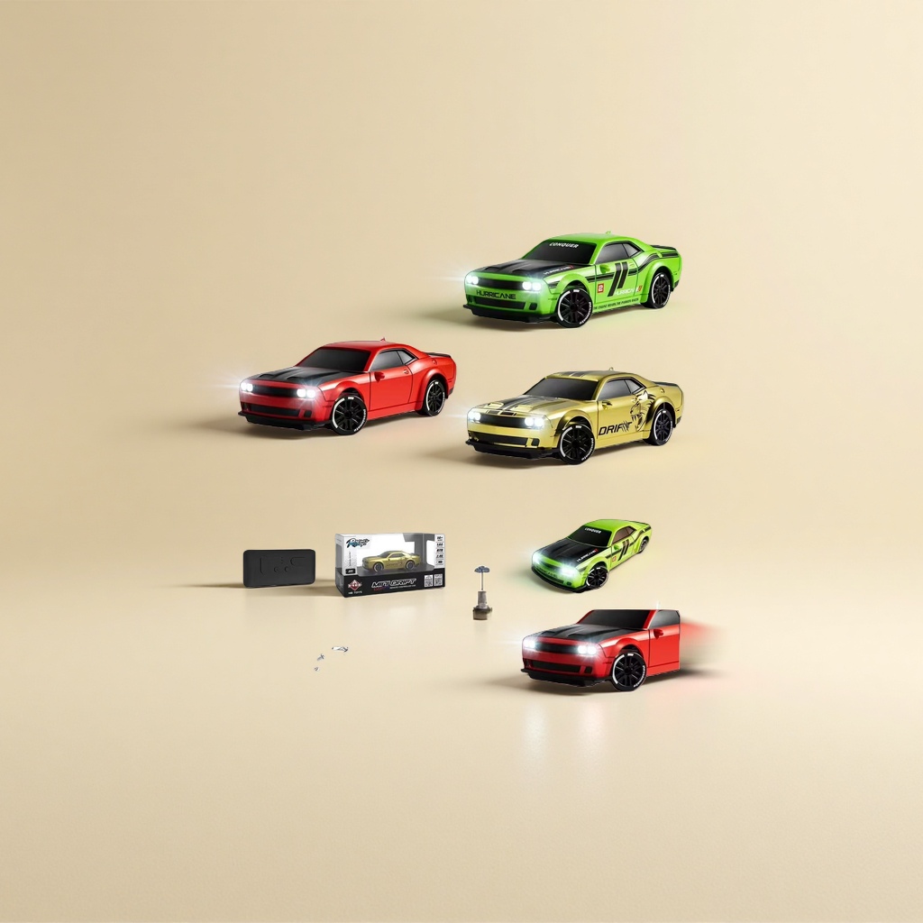 Green, red and gold remote-controlled racing car model with lights, wireless remote control and charging interface packaging box Application Scenario