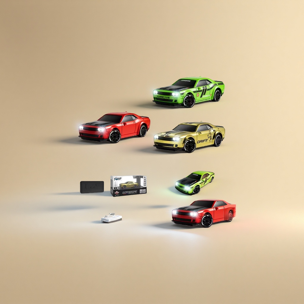Green, red and gold remote-controlled racing car model with lights, wireless remote control and charging interface packaging box details Picture
