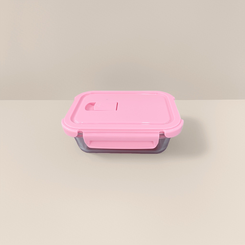 Pink lid transparent glass lunch box with sealing ring, microwave-safe bento box details Picture