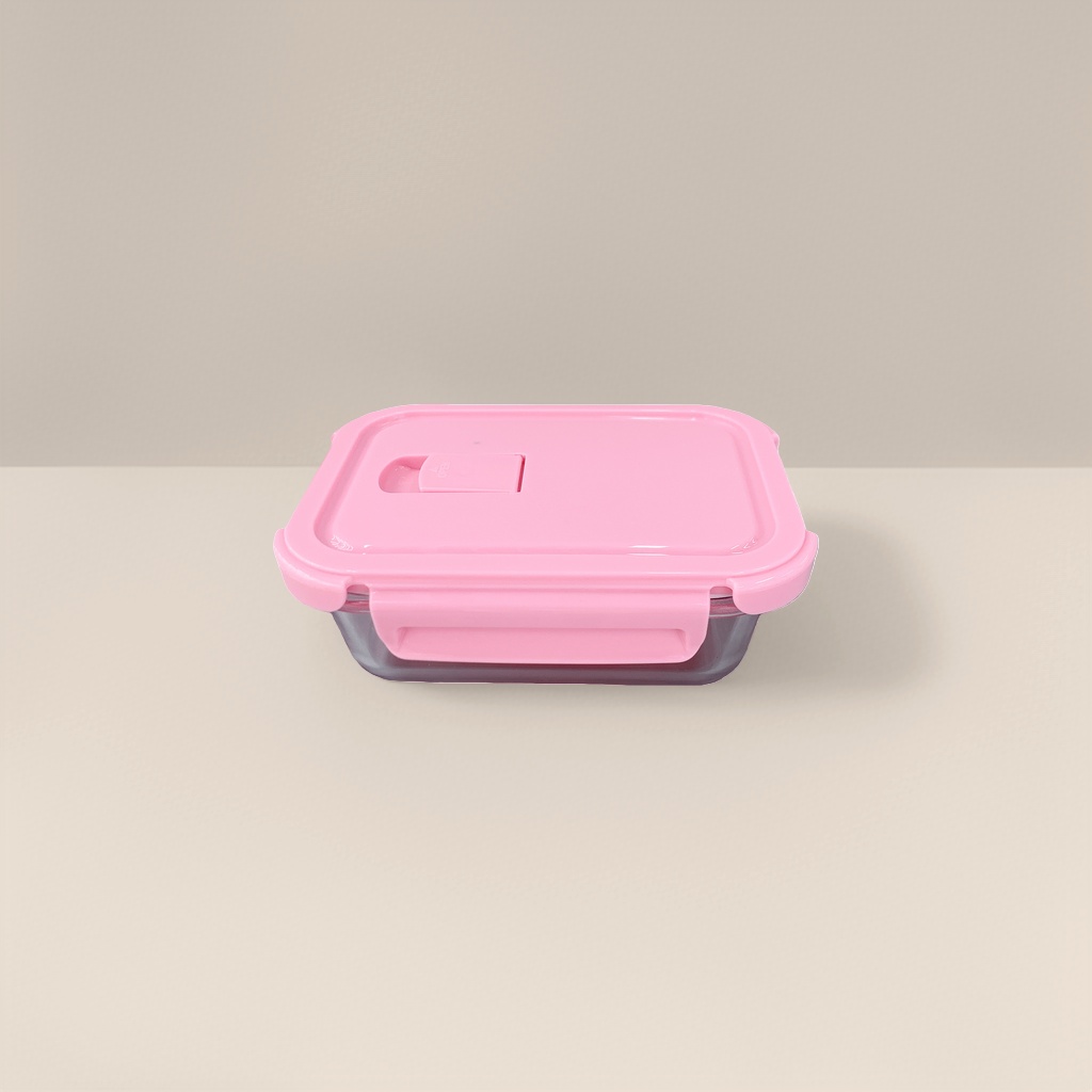 Pink lid transparent glass lunch box with sealing ring, microwave-safe bento box Specification image