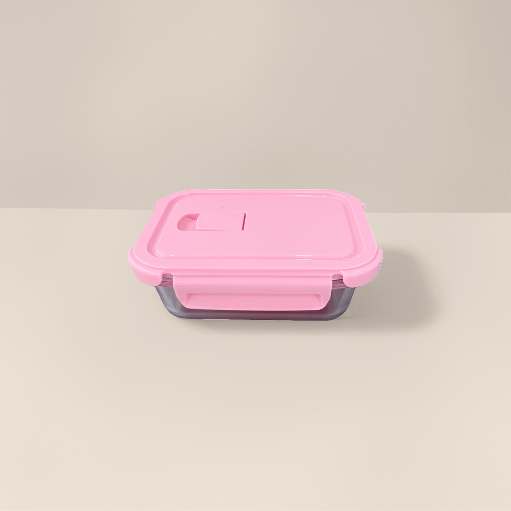 粉色盖子透明玻璃饭盒 带密封圈微波炉适用便当盒