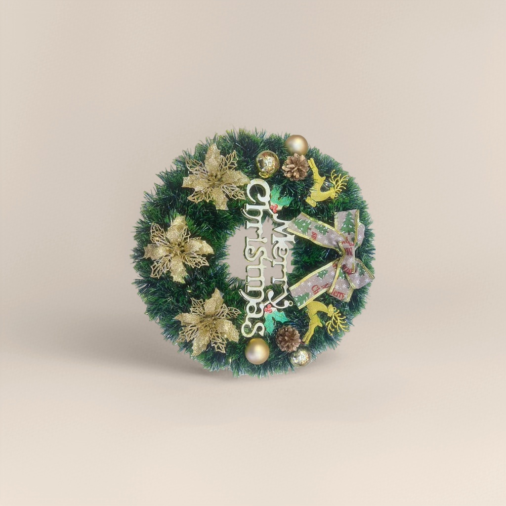 Christmas wreath, hand-woven from fluffy cedar branches, is a festive door decoration Specification image