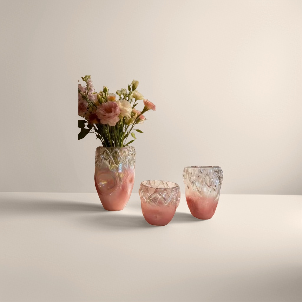A set of pink gradient glass vases and glass cups for home decoration details Picture