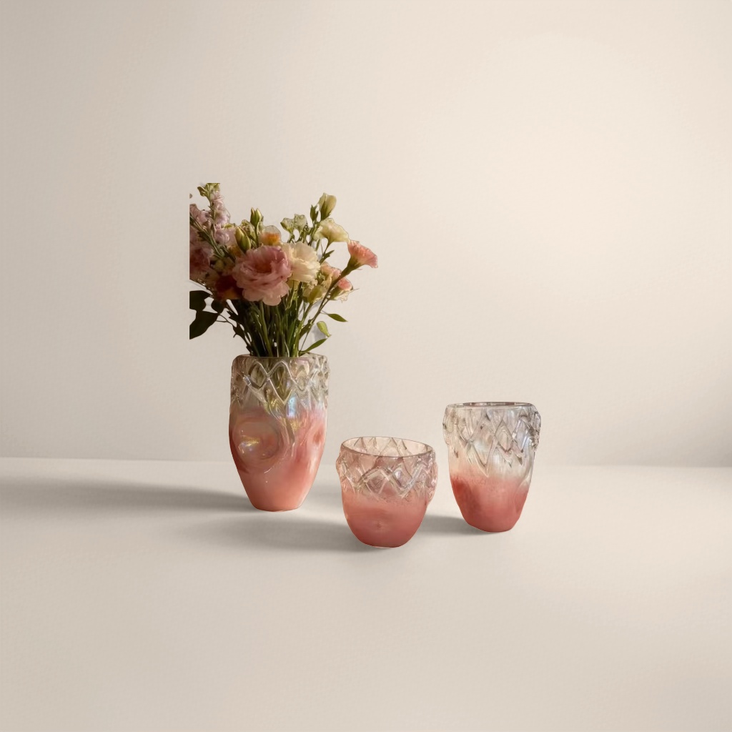 A set of pink gradient glass vases and glass cups for home decoration Application Scenario
