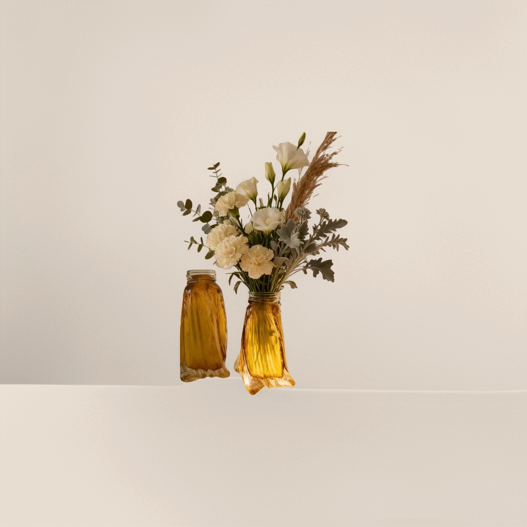 Amber glass vase with white flowers and hay for the living room, a Nordic-style decorative item