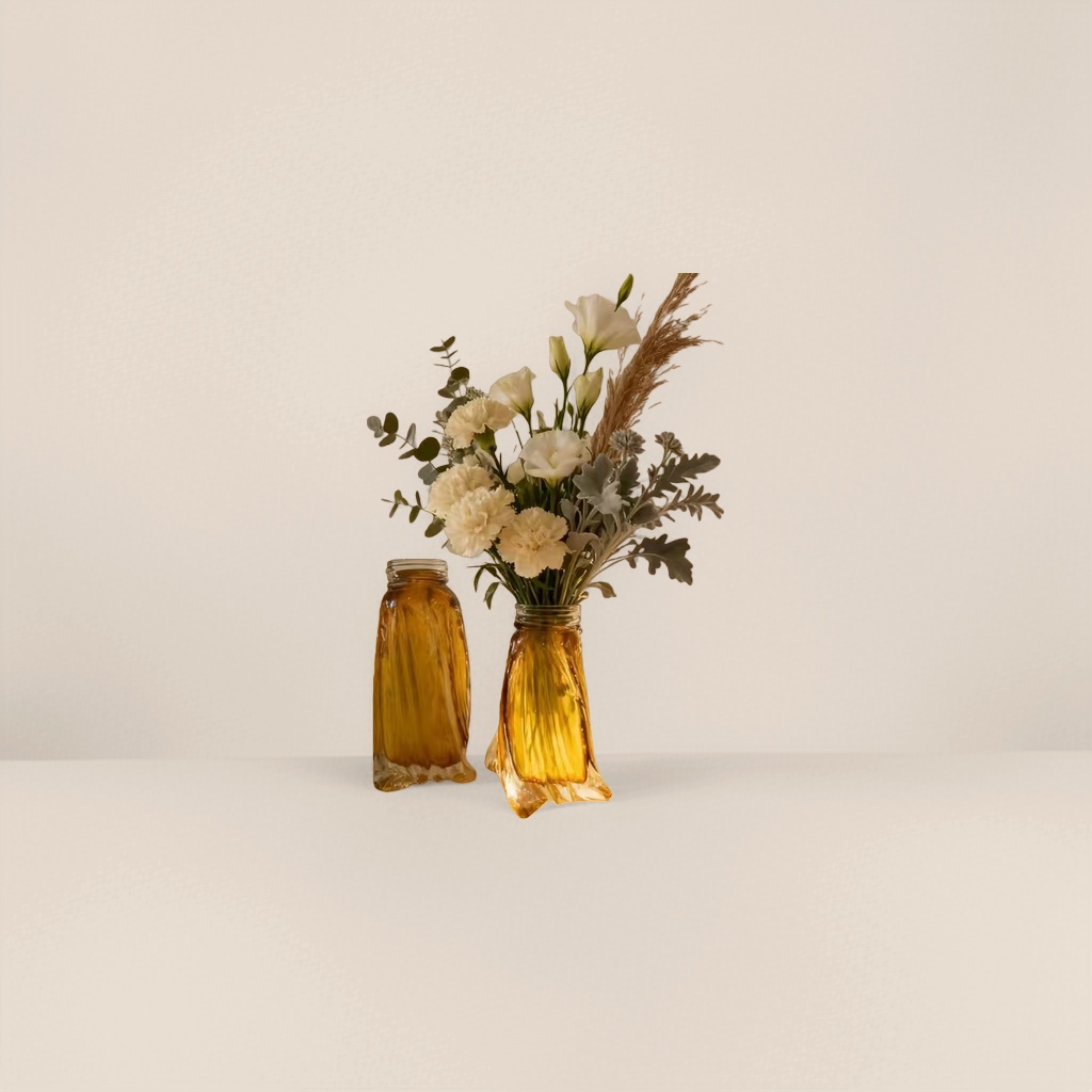 Amber glass vase with white flowers and hay for the living room, a Nordic-style decorative item details Picture