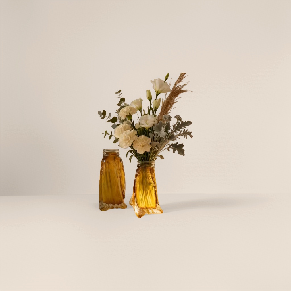 Amber glass vase with white flowers and hay for the living room, a Nordic-style decorative item Specification image
