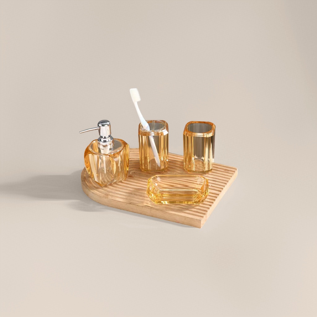Amber glass bathroom supplies set with mouthwash cup, soap dish and toothbrush holder, simple Nordic style details Picture