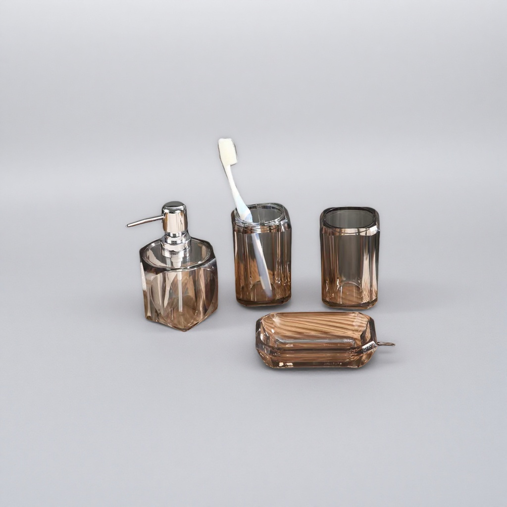 Amber glass bathroom supplies set with mouthwash cup, soap dish and toothbrush holder, simple Nordic style Specification image
