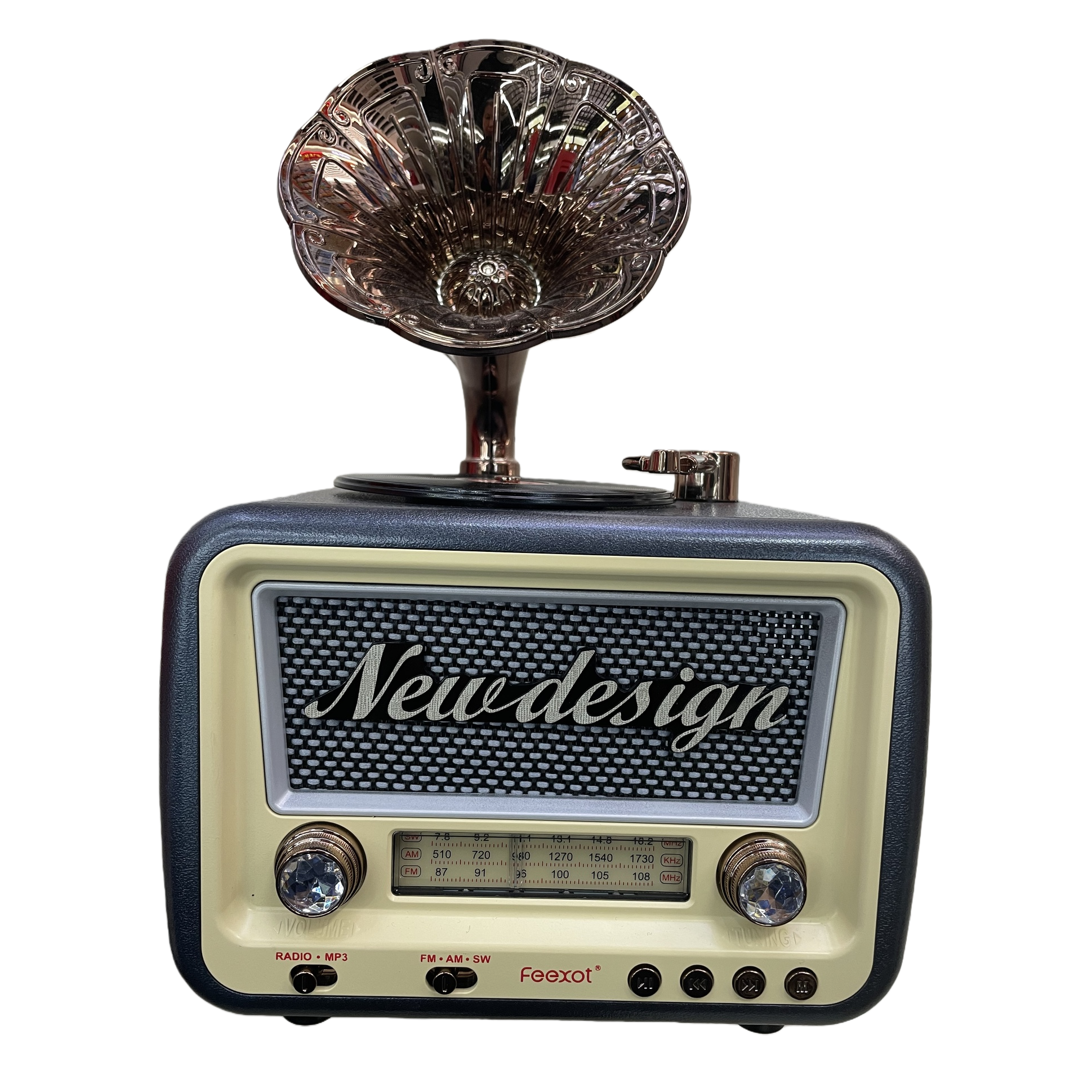 The retro-style radio FX-2527B, with its old-fashioned knob design, is an all-in-one radio and player Item Picture