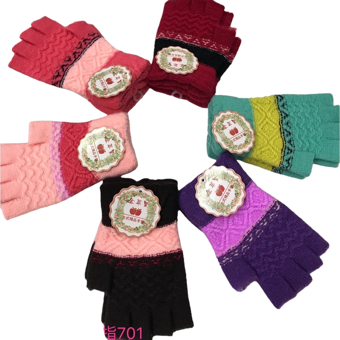 Colorful knitted half-finger gloves for women, warm, anti-slip and breathable for autumn and winter Item Picture