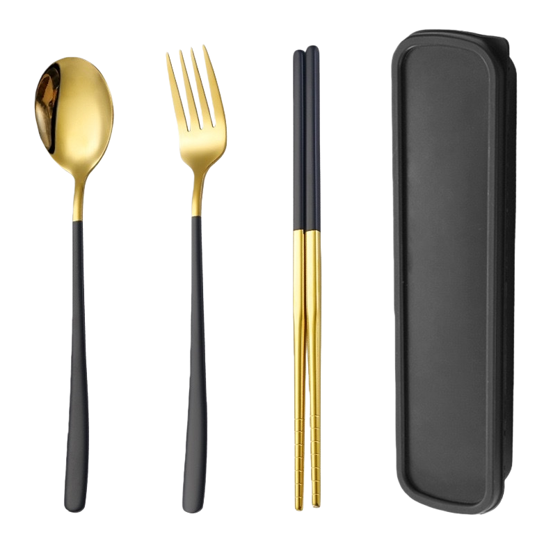 A 4-piece set of tableware, including spoons, forks, chopsticks and a storage box, for home use and portability Item Picture