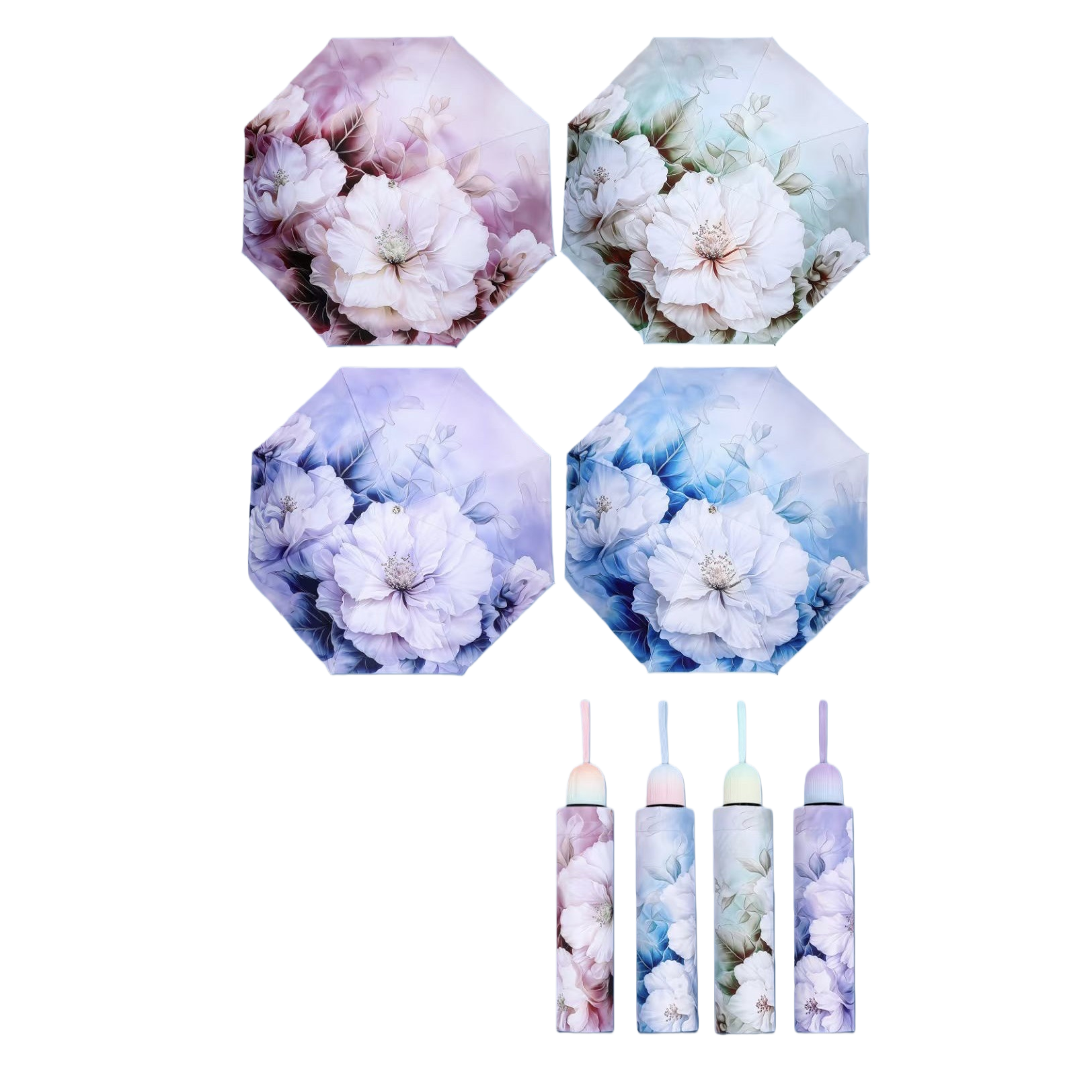 描述词：绚丽多彩的花卉图案  
主体：雨伞白底实物图