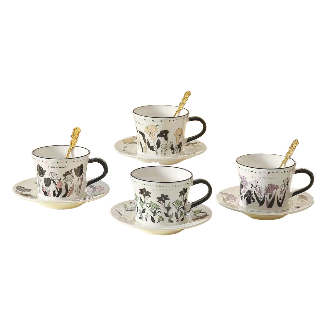 Light retro black-edged floral ceramic cup and saucer set, ceramic cup, water cup, coffee cup and saucer set Item Picture