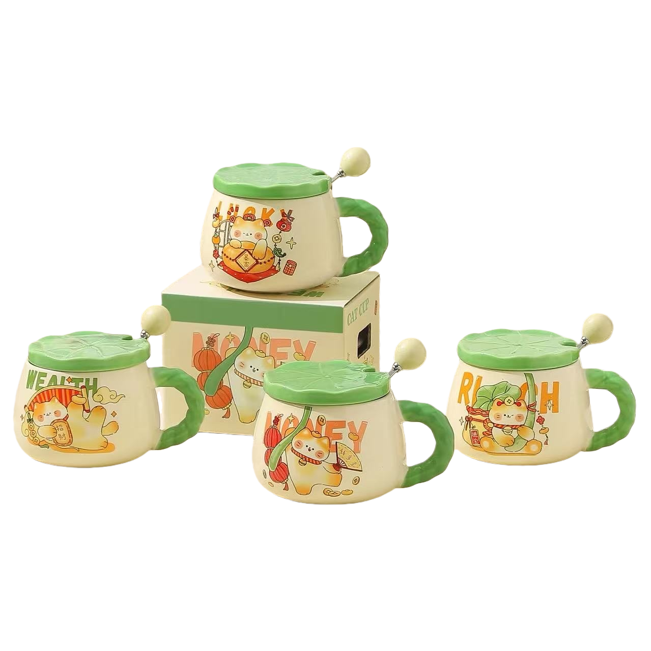 Cute and auspicious cat ceramic cup, 350ml home and office gift water cup, ceramic cup with spoon Item Picture