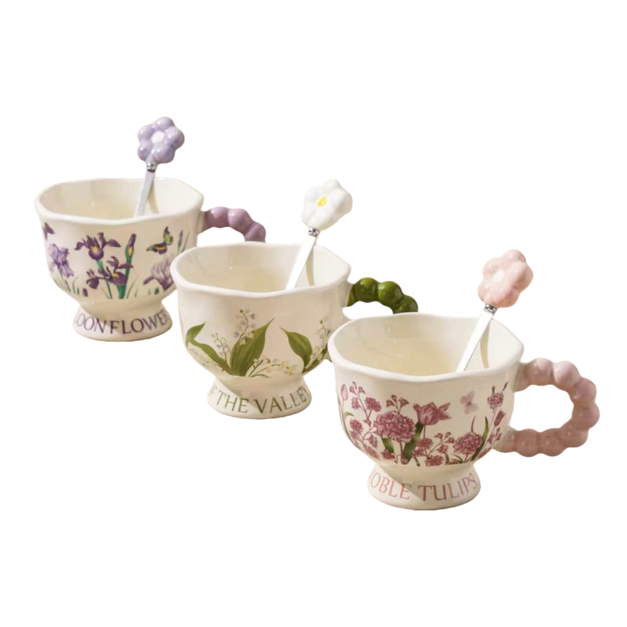 Tazas de cerámica con patrón floral tres piezas conjunto de cuchara con mango de flor Item Picture