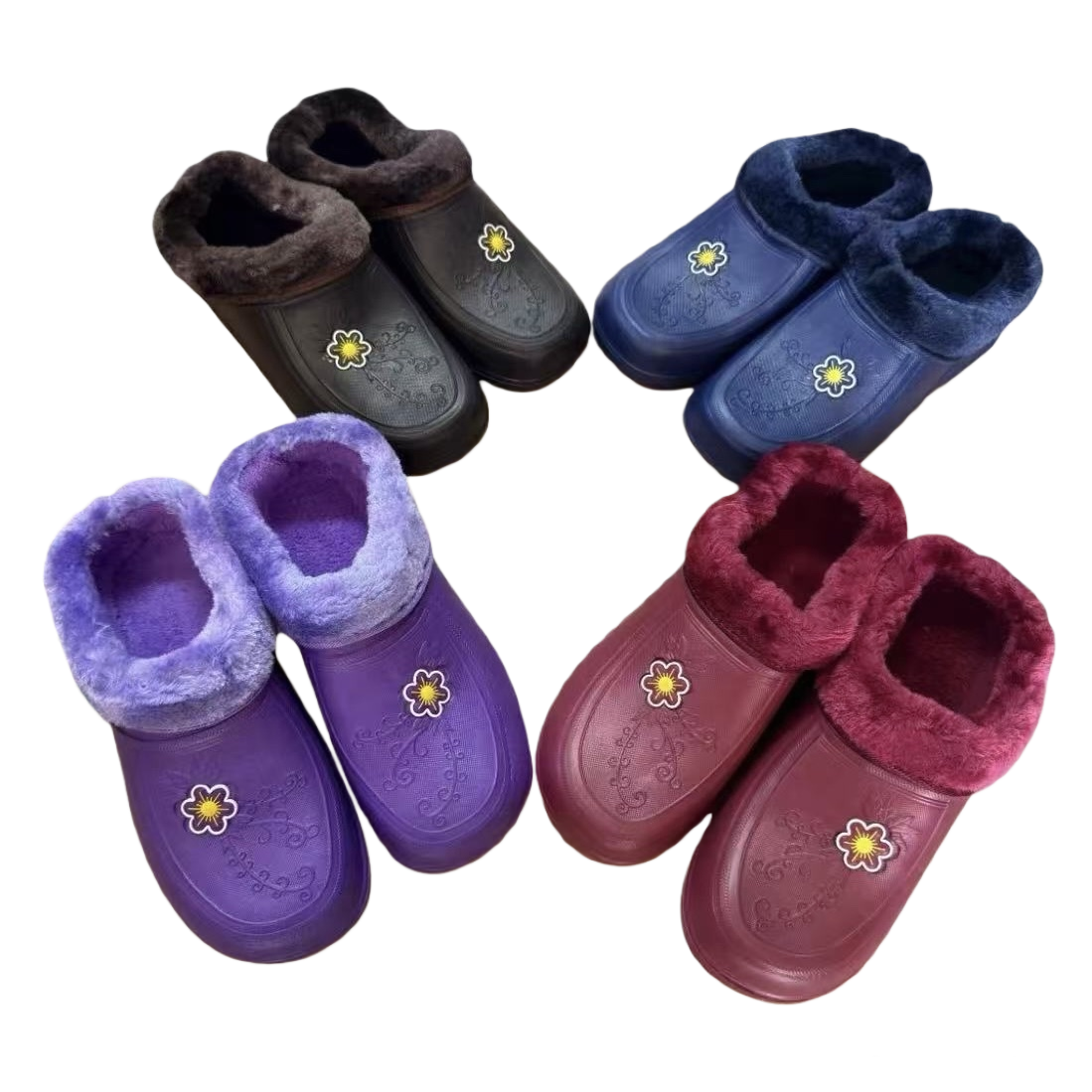 Four pairs of winter warm plush flower slippers in black, blue, purple and wine red, size 38-41 Item Picture