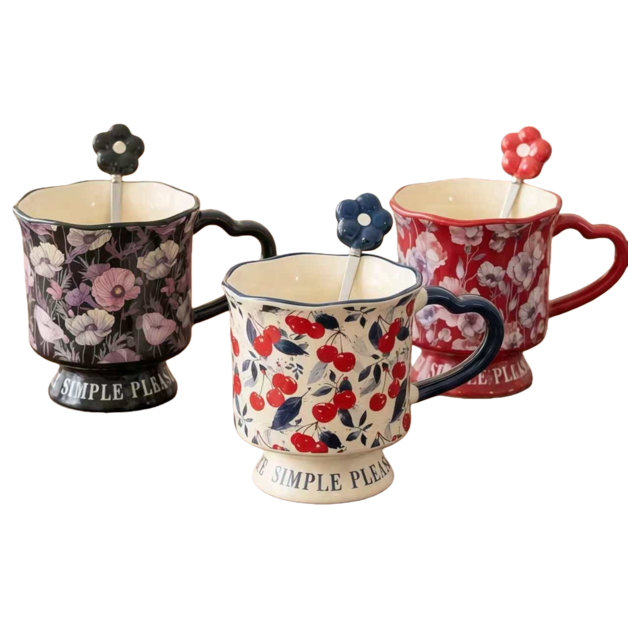 Three flower cherry ceramic cups in black, white and red, with flower-shaped stirring spoons Item Picture
