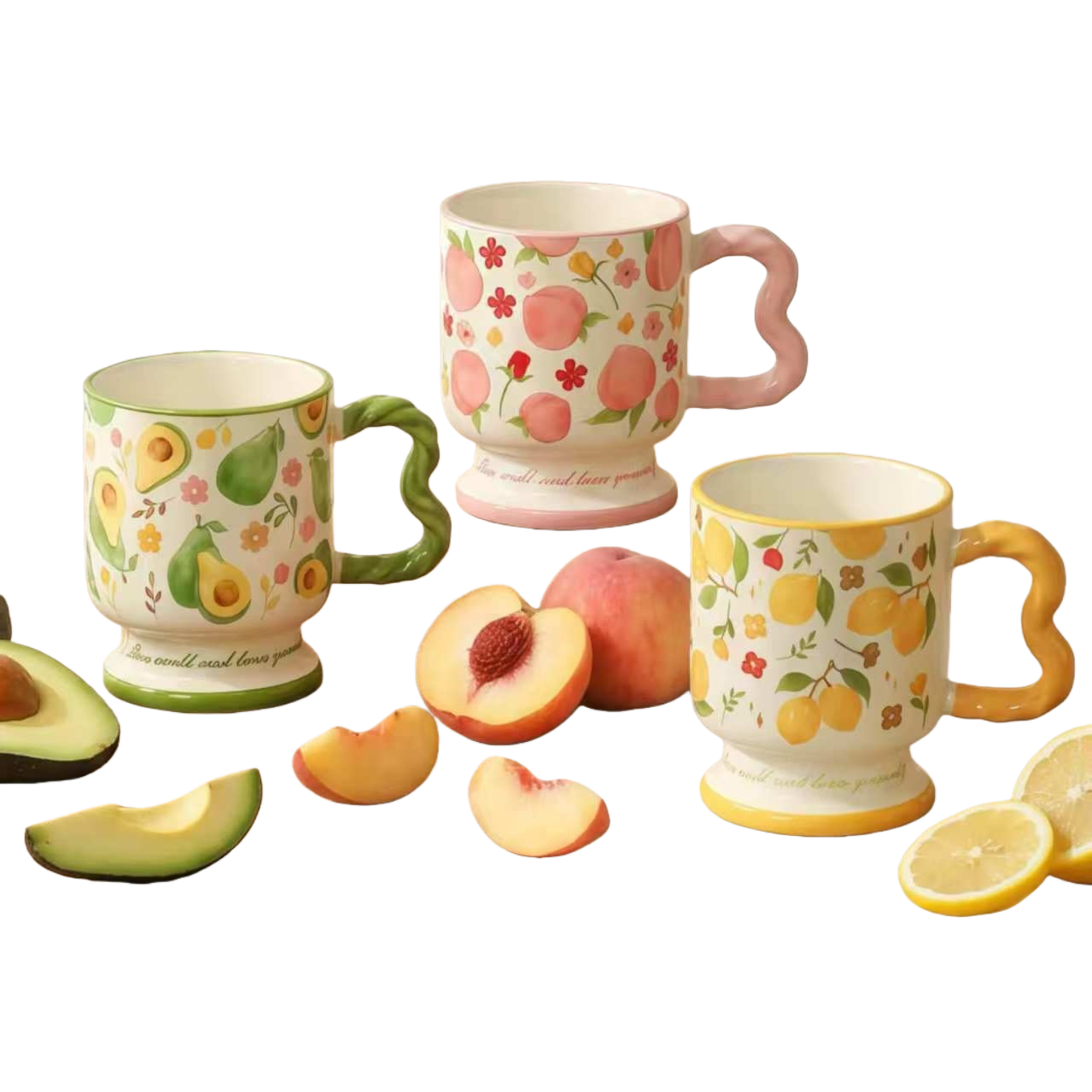 Fruit pattern ceramic cup set, three avocado, peach and lemon cups, wooden tabletop style Item Picture