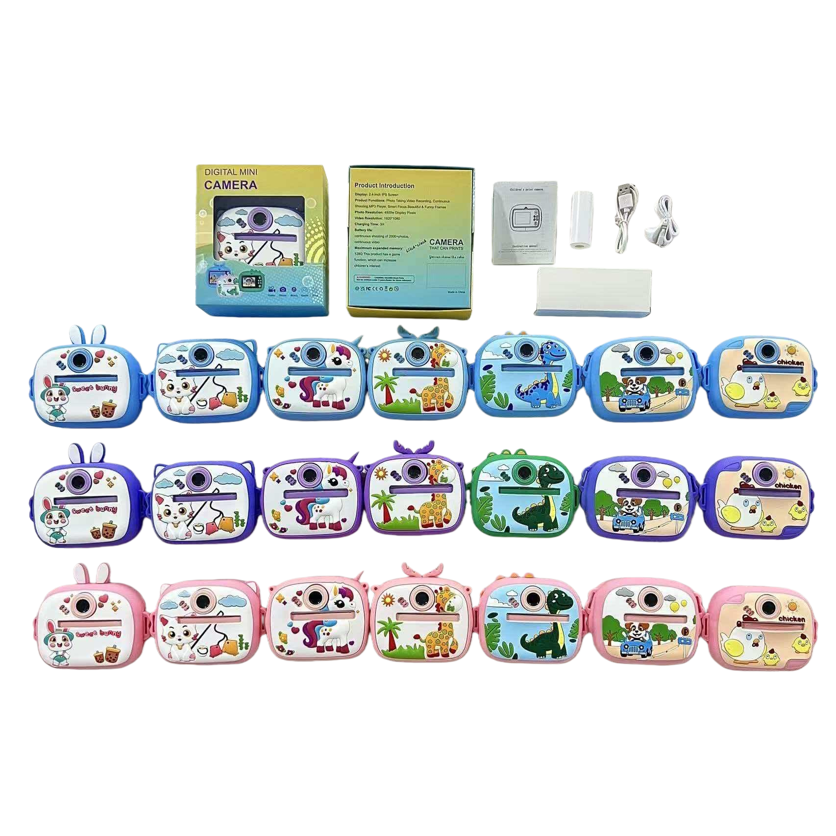 A variety of children's digital cameras with cartoon designs come with packaging boxes, instructions and accessories Item Picture
