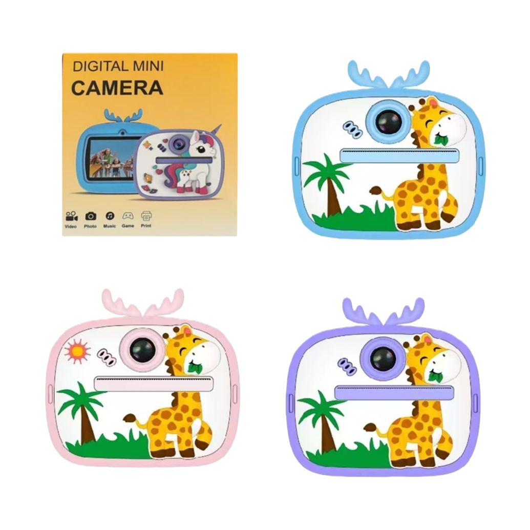 A digital mini camera in a color packaging box with a blue, pink and purple giraffe mini camera Item Picture