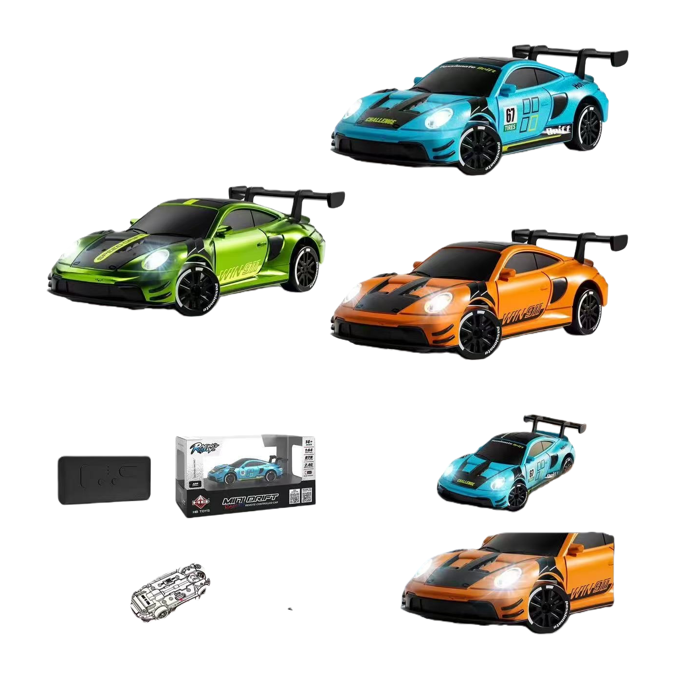 Three 1:64 remote-controlled drifting racing car toys in blue, green and orange, with APP control, lights and wireless charging Item Picture