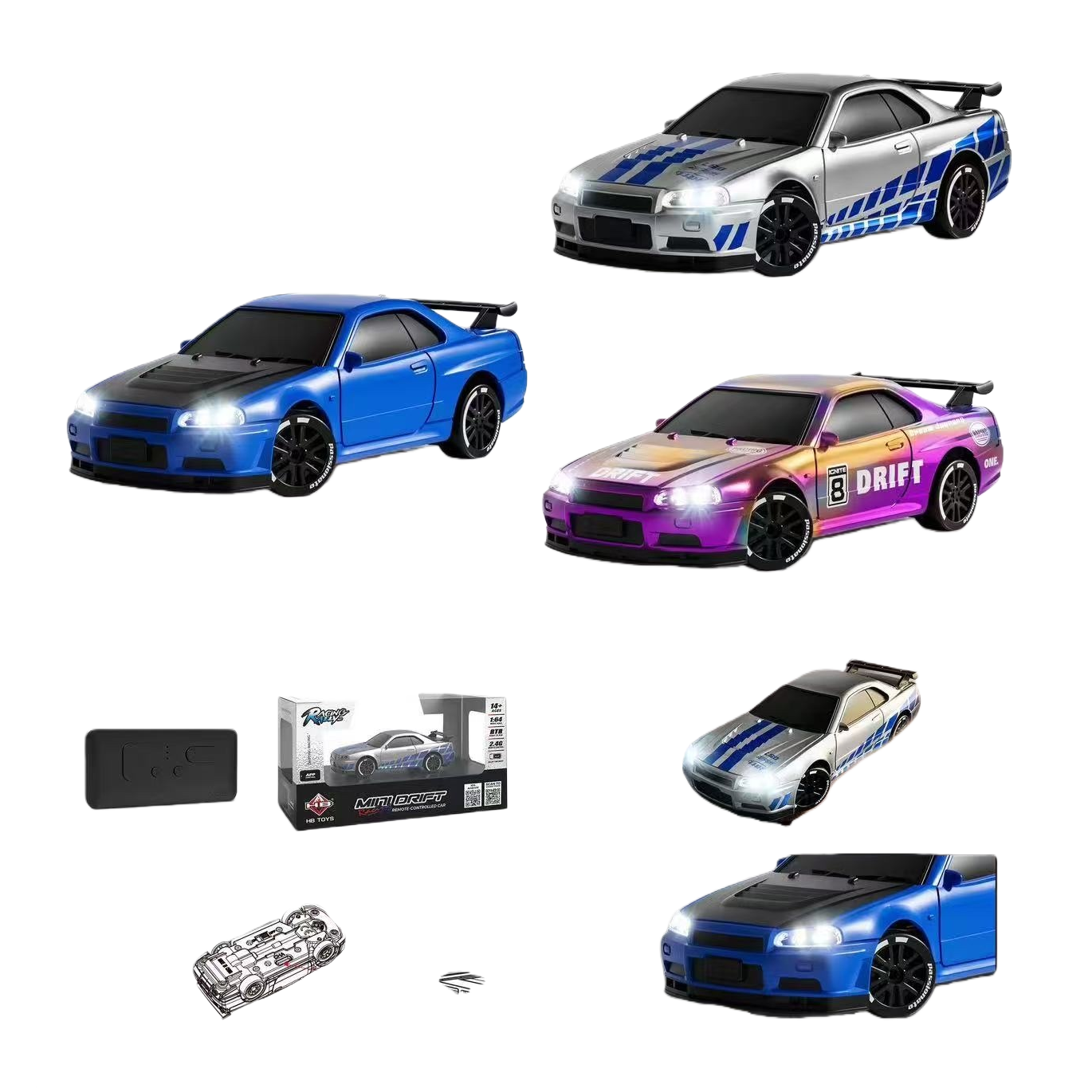 Three 1:64 remote control drift racing car toys in silver, blue, purple and orange gradient colors, APP control lights, wireless remote control charging case Item Picture
