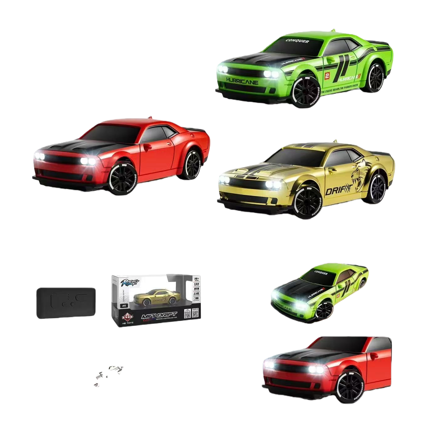 Green, red and gold remote-controlled racing car model with lights, wireless remote control and charging interface packaging box Item Picture
