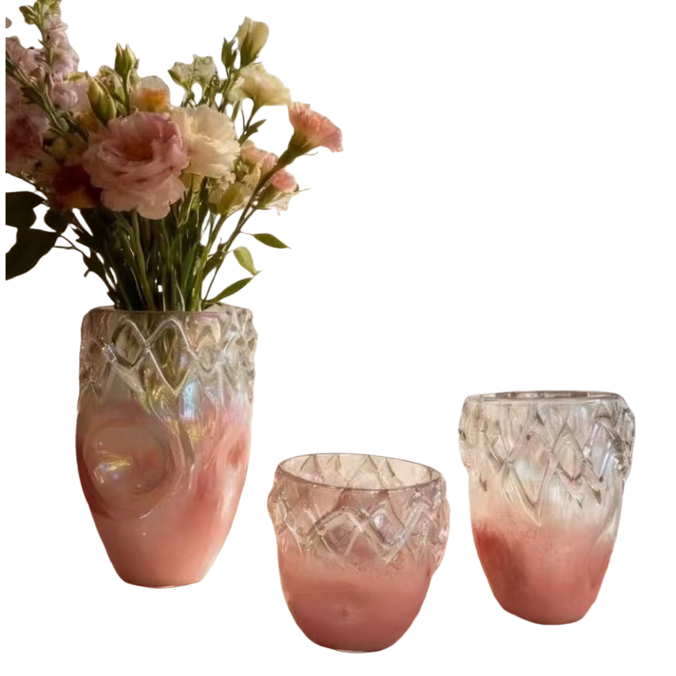 A set of pink gradient glass vases and glass cups for home decoration Item Picture
