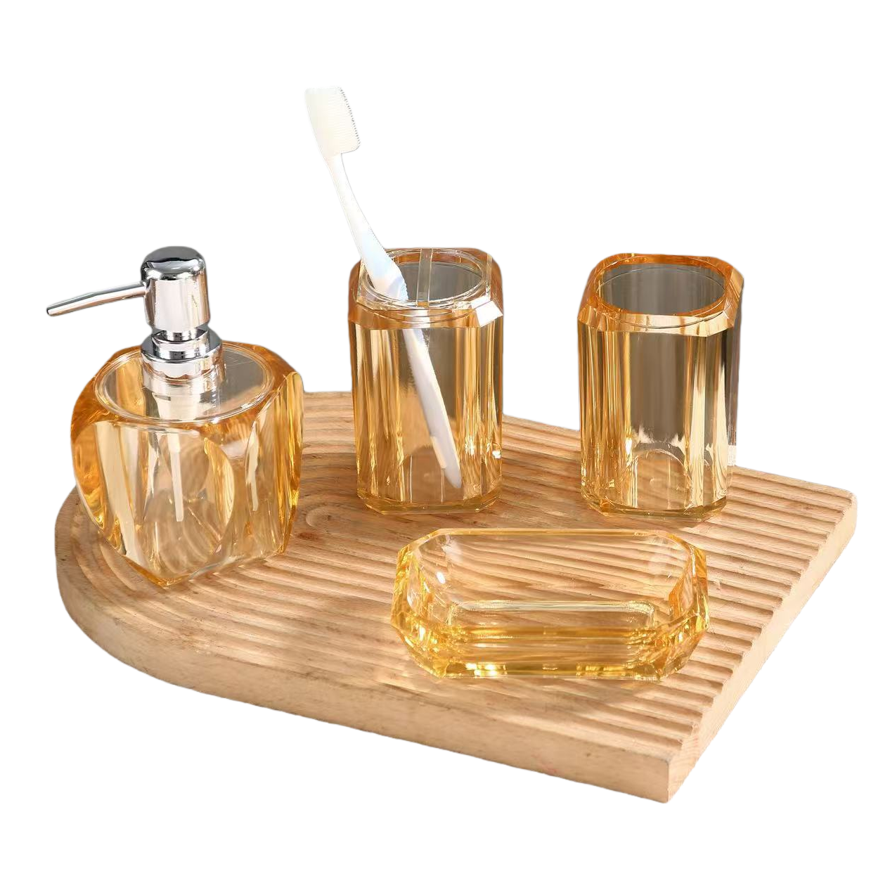 Amber glass bathroom supplies set with mouthwash cup, soap dish and toothbrush holder, simple Nordic style Item Picture