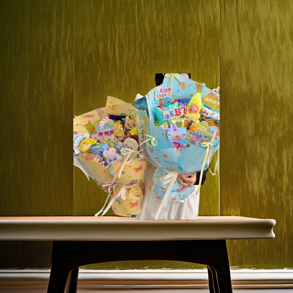 A cute teddy bear plush bouquet gift for Children's Day on June 1st. Wrapping paper for a bouquet of flowers for a girl's birthday and Valentine's Day details Picture