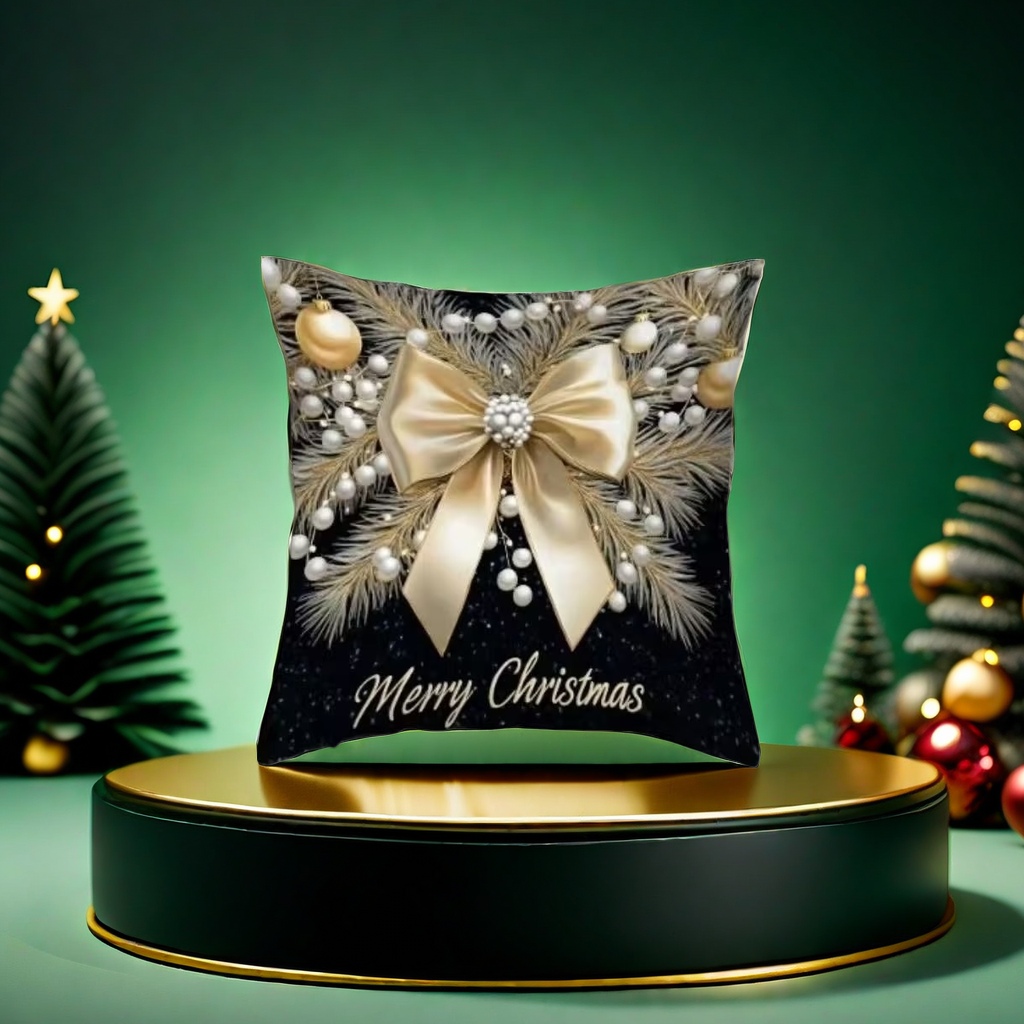 Christmas-themed throw pillow with black starry sky background, golden bow, pine branch and pearl decorative balls. Merry Christmas