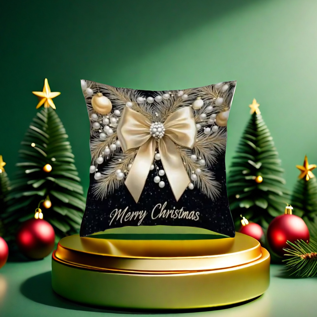Christmas-themed throw pillow with black starry sky background, golden bow, pine branch and pearl decorative balls. Merry Christmas details Picture