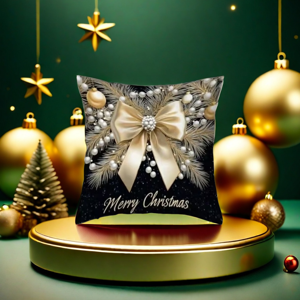 Christmas-themed throw pillow with black starry sky background, golden bow, pine branch and pearl decorative balls. Merry Christmas Application Scenario