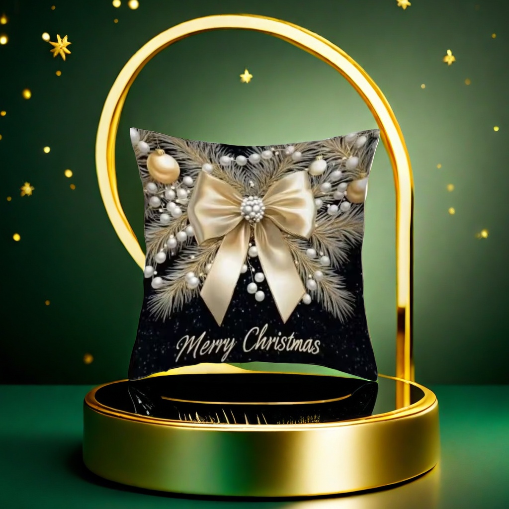 Christmas-themed throw pillow with black starry sky background, golden bow, pine branch and pearl decorative balls. Merry Christmas Specification image