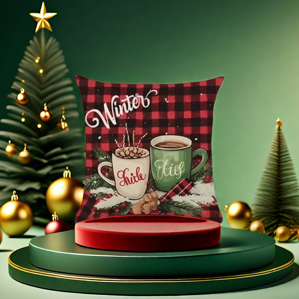 Winter-themed red and black checkered hot drink pillow Chick Kid with pine branch, berry and nut decorations Specification image