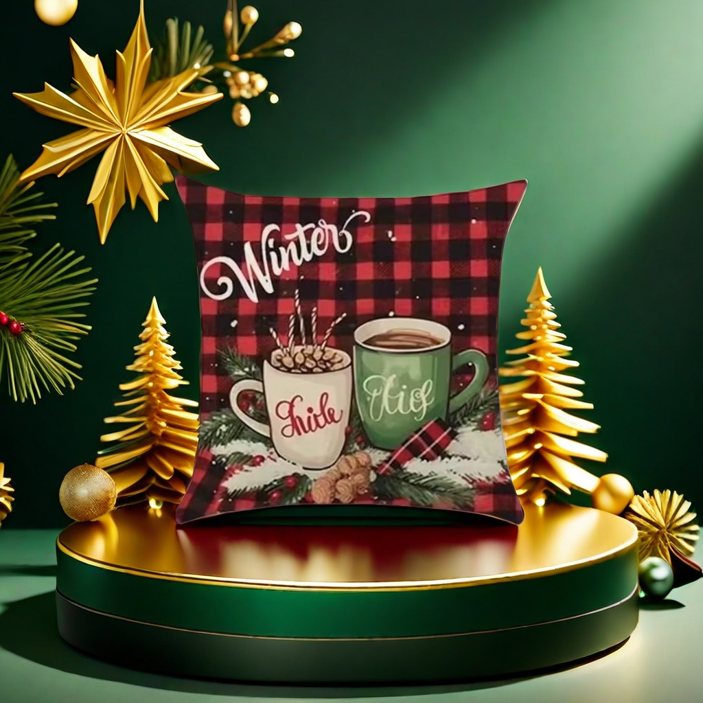 Winter-themed red and black checkered hot drink pillow Chick Kid with pine branch, berry and nut decorations details Picture