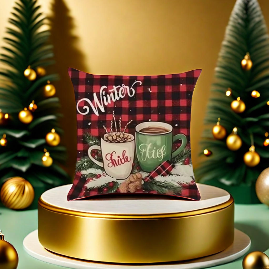 Winter-themed red and black checkered hot drink pillow Chick Kid with pine branch, berry and nut decorations Application Scenario